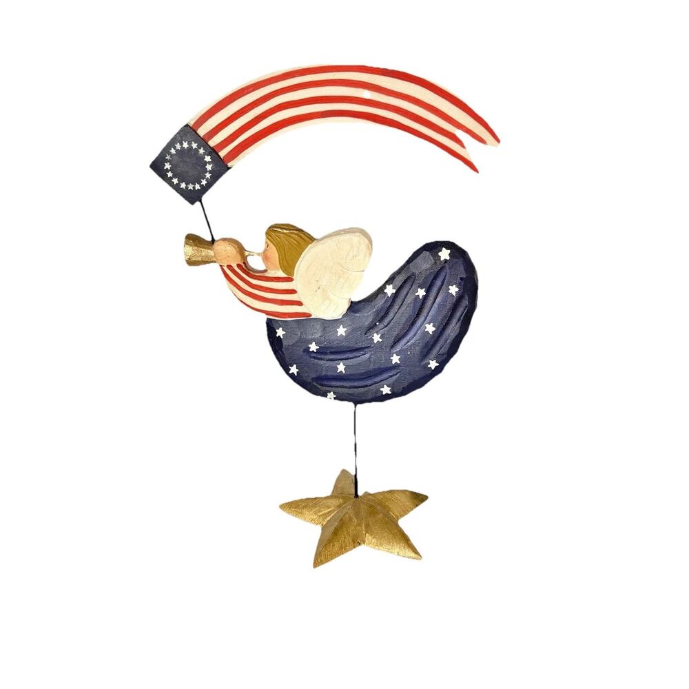 Patriotic Flying Angel Figure Primitive Folk Art Whimsical Americana Wooden